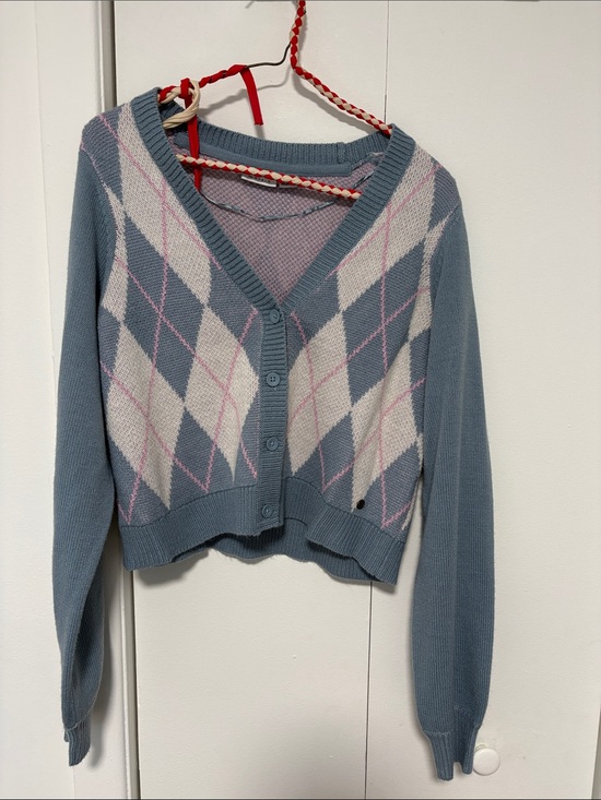 Noisy may Sweaters - Noisy May Blue Cropped Argyle-Trim V-Neck Cardigan